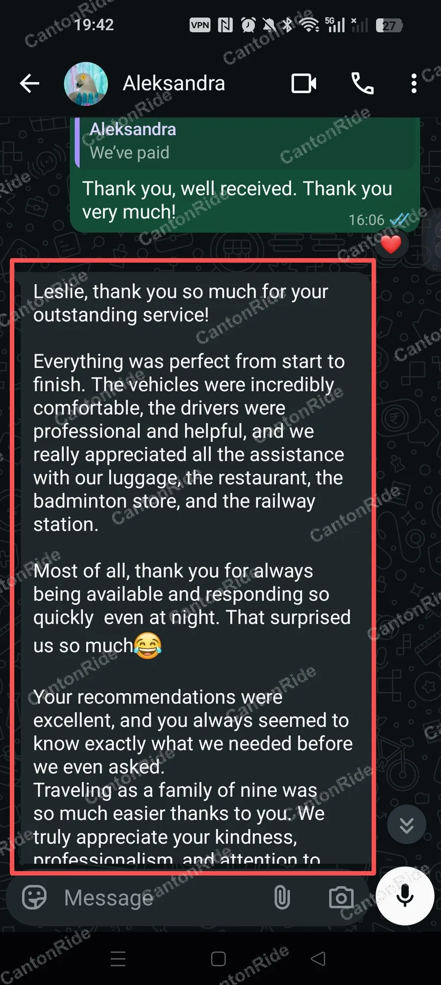 Conversation with Aleksandra after their CantonRide trip