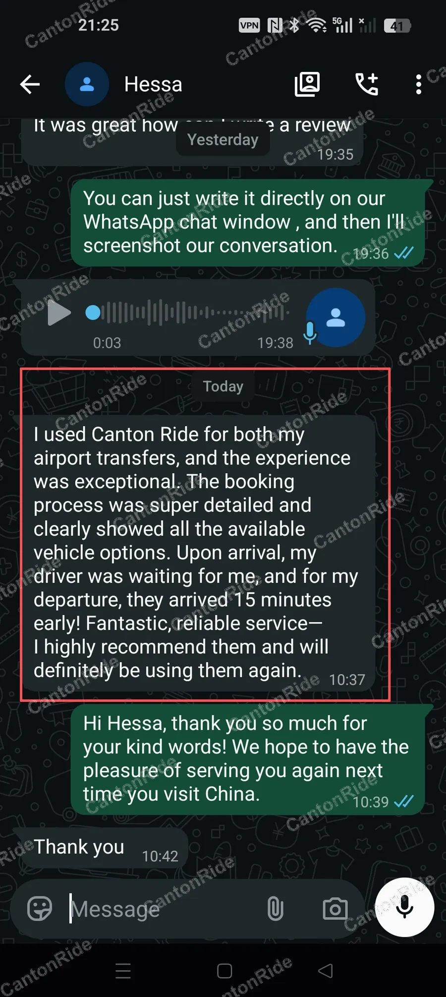 WhatsApp conversation with Hesa from Kuwait: A late-night airport pickup and an early-morning airport drop-off for a client from Kuwait in a 7-seat Premium MPV, with the driver waiting on arrival and arriving 15 minutes early for the departure transfer