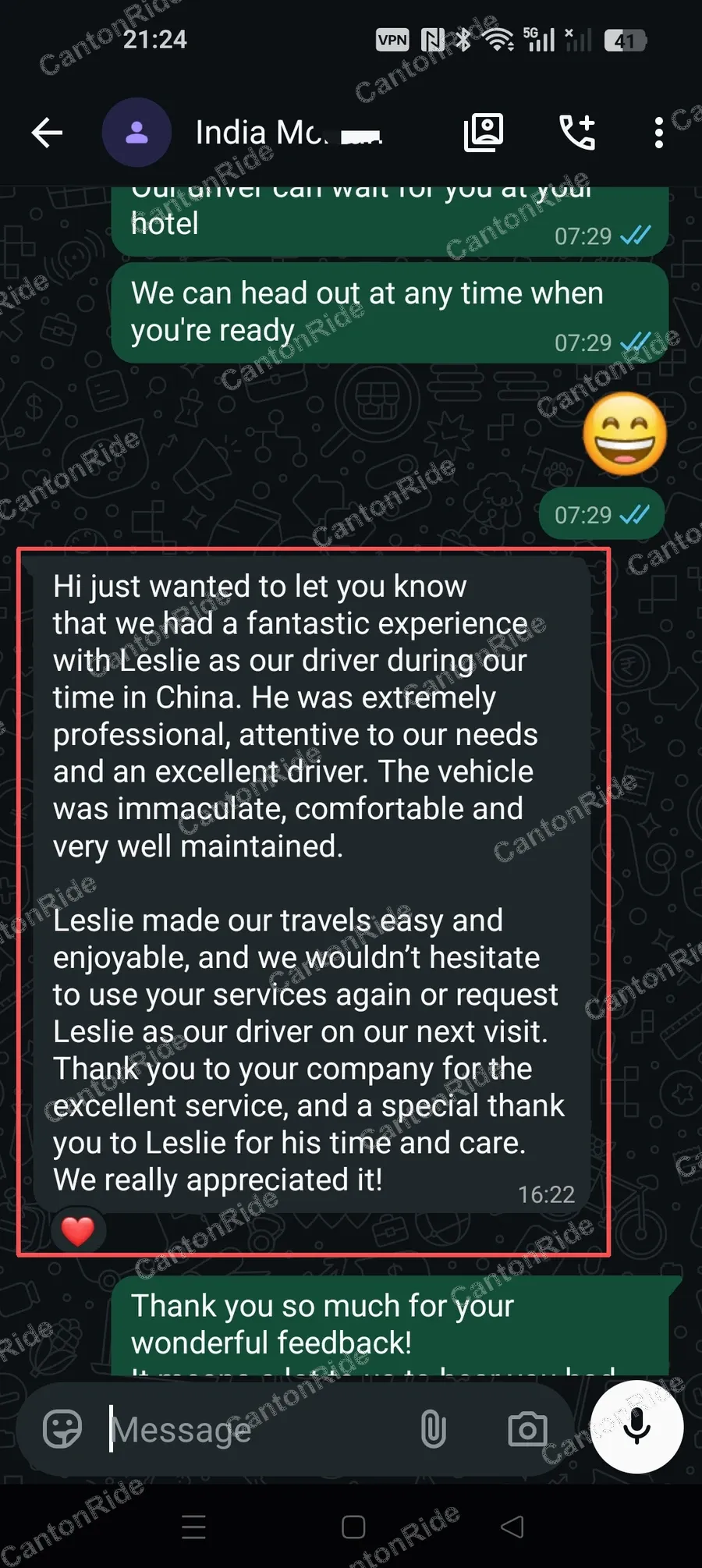 WhatsApp conversation with India from Australia: Two days of private car and driver service in a Tesla Model Y for an Australian B2B wholesale importer visiting China to source suppliers and inspect factories, covering five factories in remote locations in Huizhou, Dongguan and surrounding areas