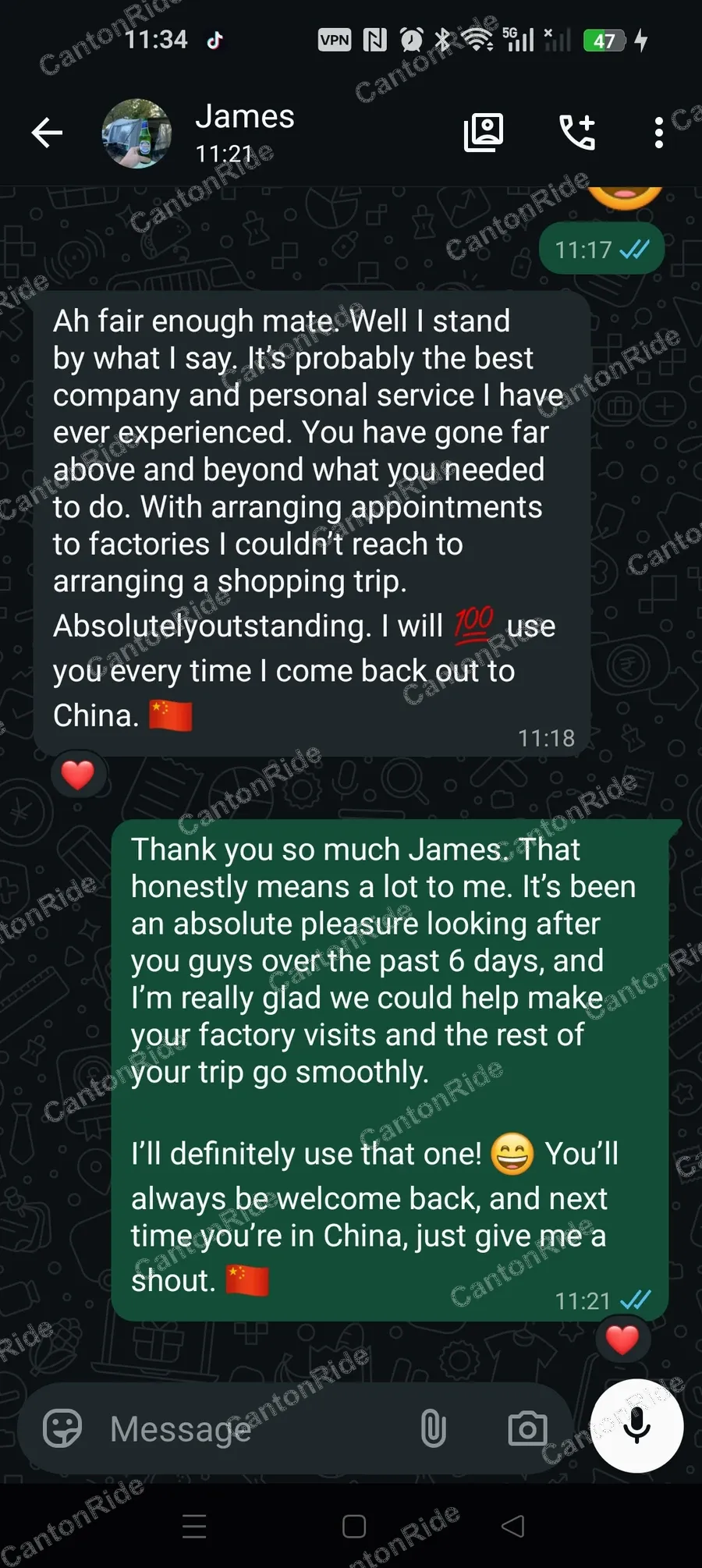 WhatsApp conversation with James from United Kingdom: Six days visiting air-conditioning manufacturers in Foshan, with factory meetings arranged and booked in advance, followed by two days of personal shopping in Guangzhou