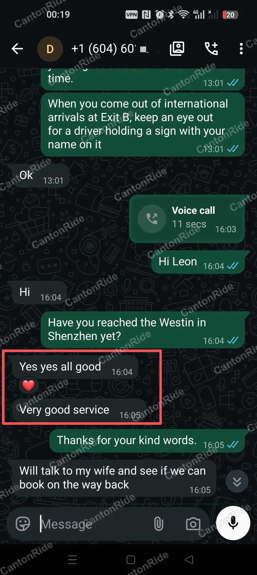 WhatsApp conversation with Leon from Canada: Airport pickup at international arrivals Exit B with a name sign, then on to the Westin in Shenzhen