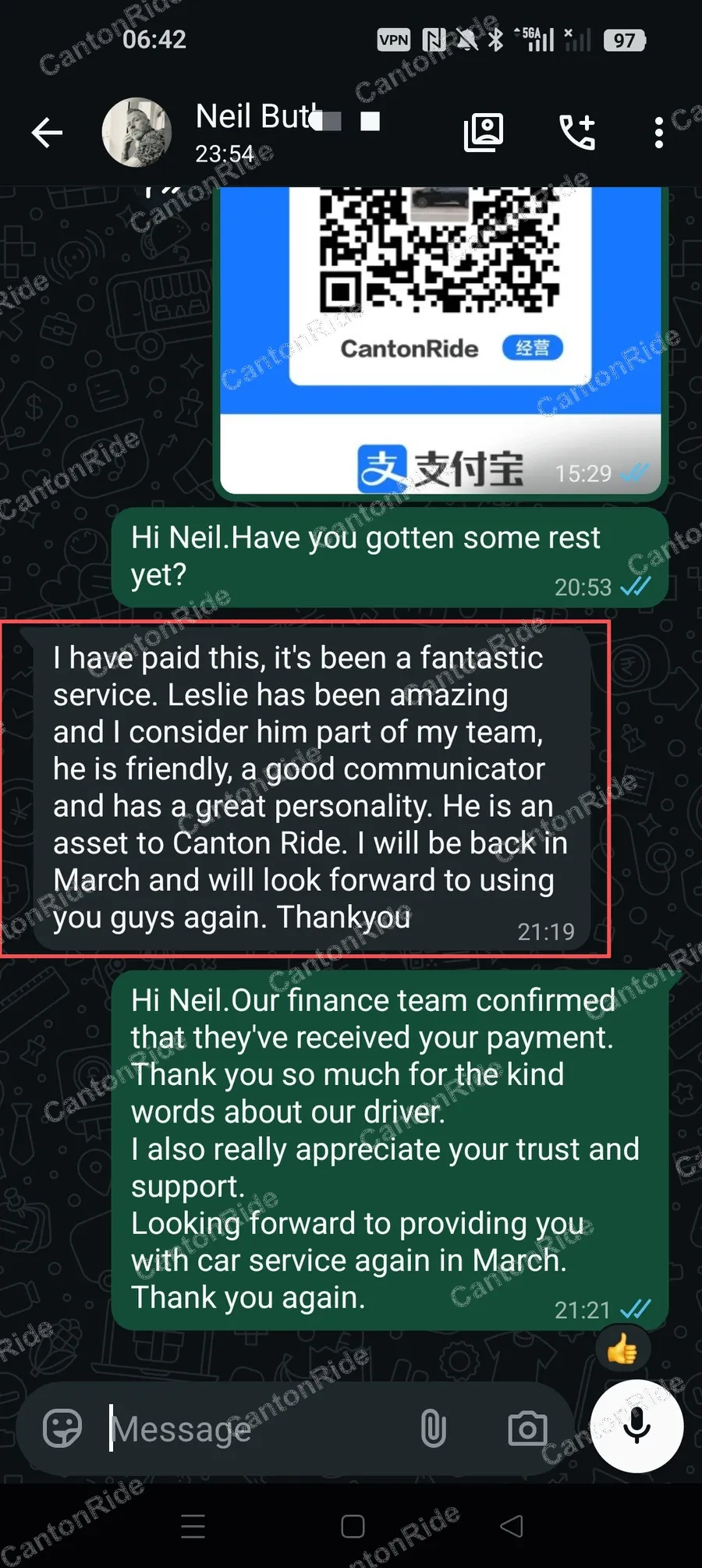 WhatsApp conversation with Neil from United Kingdom: A 7-day business trip to Guangzhou and Shenzhen from October 5–11, 2026, for a UK client sourcing sportswear, gym apparel and sports bags, with a stay at Four Seasons Hotel Guangzhou. CantonRide provided private airport transfers, a dedicated car and driver, daily factory transportation across both cities, route coordination, and assistance with supplier communication and product samples