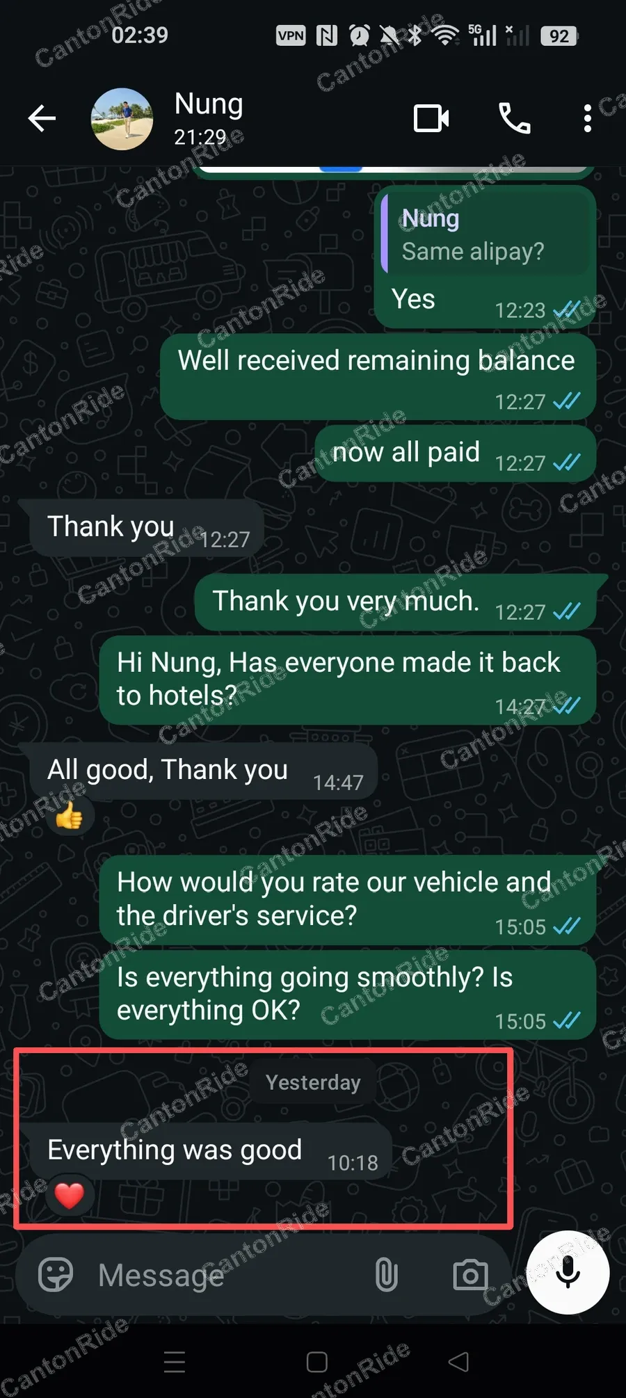 WhatsApp conversation with Nung from Thailand: Group transfers in Guangzhou with everyone returned to their hotels, settled by Alipay
