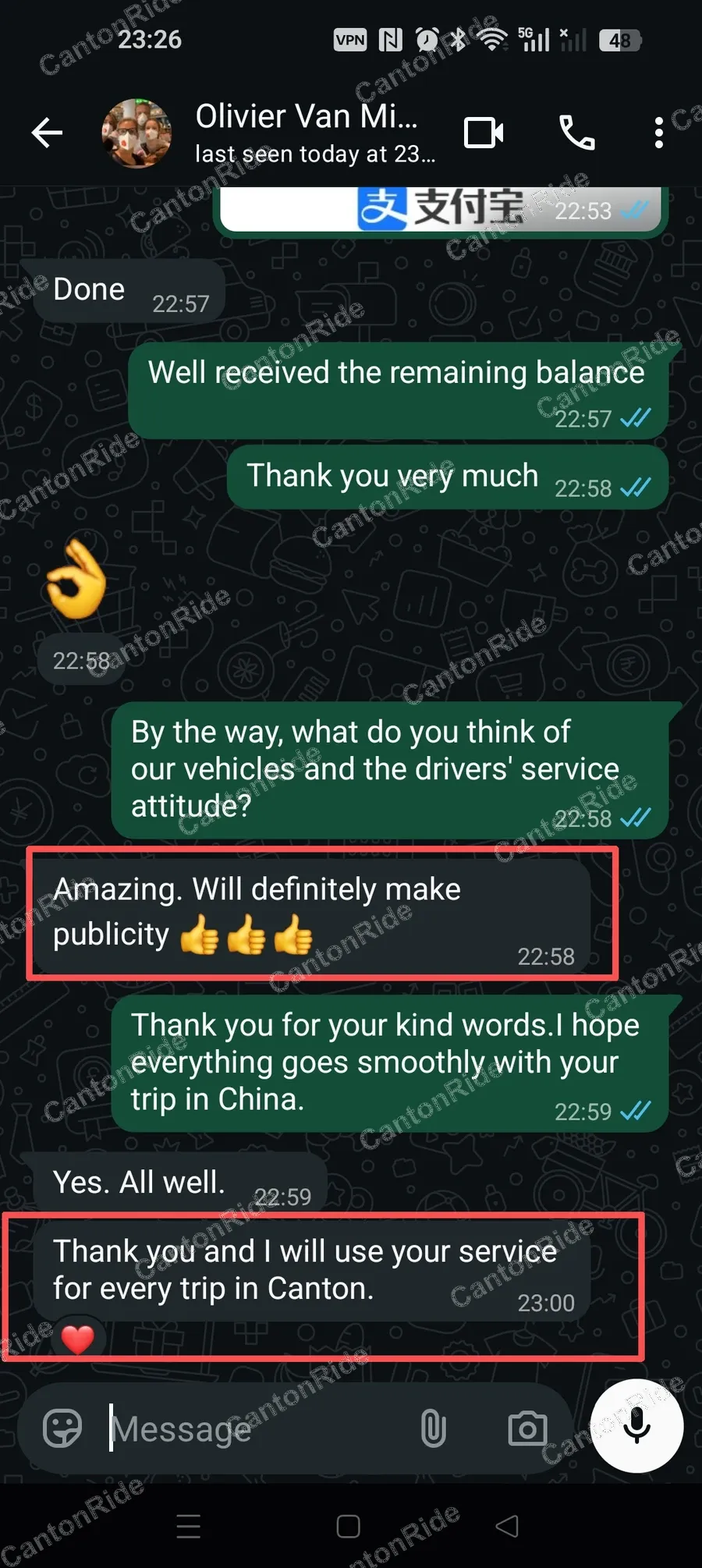 WhatsApp conversation with Olivier from United Arab Emirates: Late-evening pickup from Guangzhou Baiyun Terminal 2 in a business MPV, then on to the InterContinental hotel in Dongguan