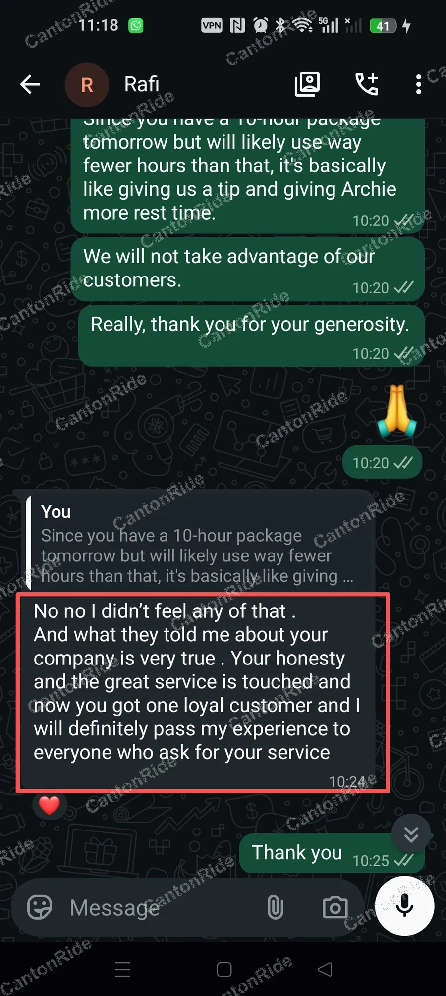 WhatsApp conversation with Rafi from United States: Two factory visits in Dongguan with transport throughout, an evening drive to see the Guangzhou skyline, and a final airport drop-off