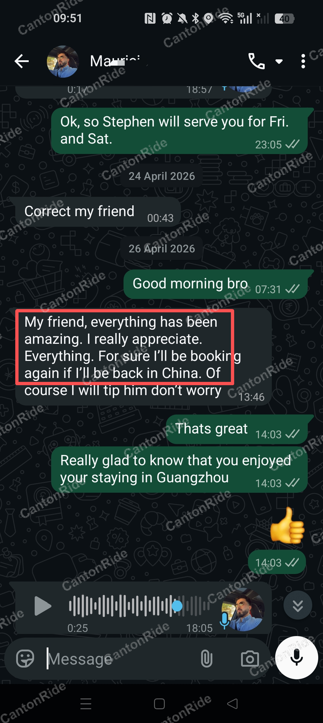 Conversation with Mauricio after their CantonRide trip